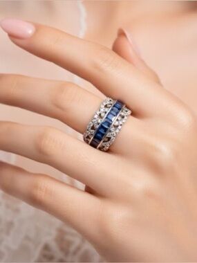 Blue Sapphire and Diamond 925 Sterling Silver Ring Anniversary Engagement Band